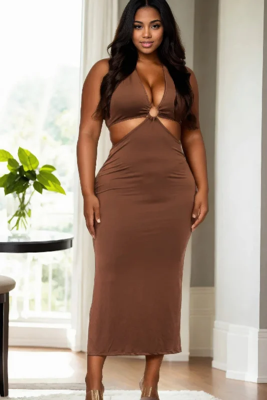 Checkered dresses for womenPlus Size Cut-out Halter Neck Double Back Tie Split Thigh Midi Dress