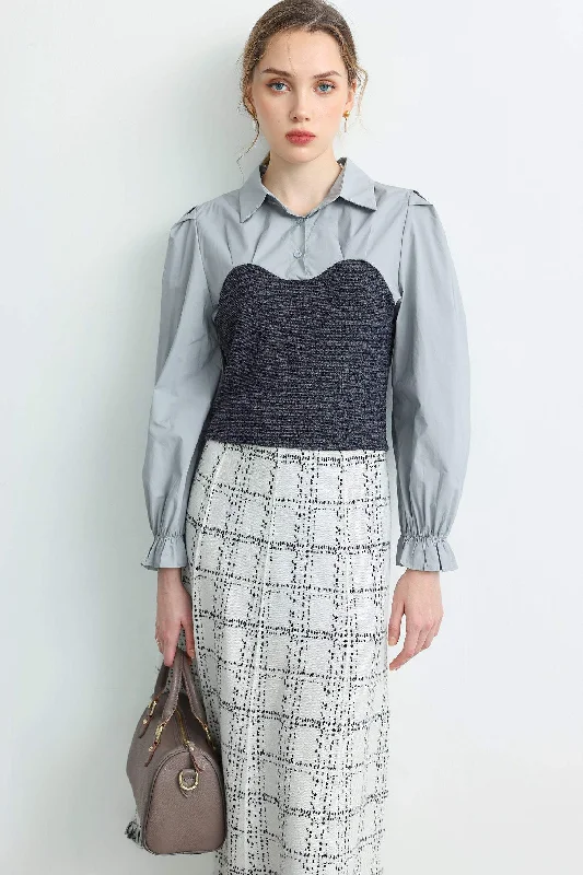 Embroidered women's topsMixed Material Contrast Tuck-In Long Sleeve Blouse - 2 Colors Available