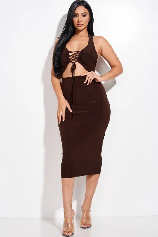 A-line dresses for womenSolid Halter Neck Midi Dress With Criss Cross Front And Cutout