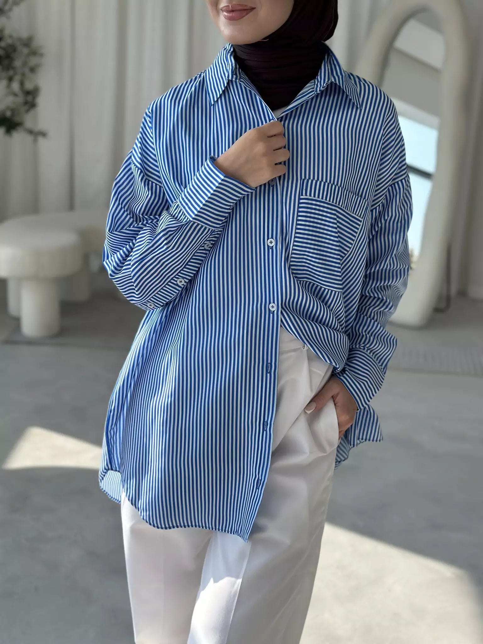 Earth-tone women's topsBlue and White Boyfriend Stripe Shirt