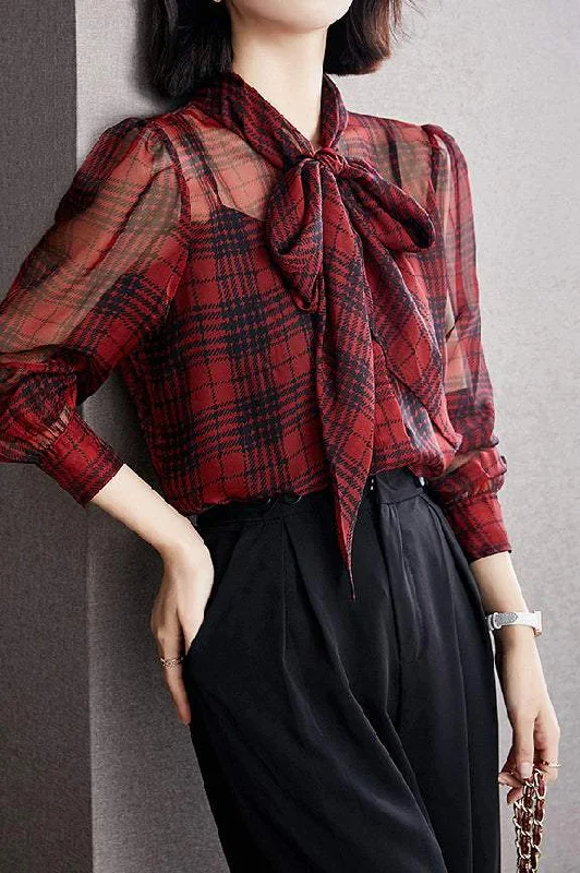 Bodycon women's topsBow Tie Collar Check Pattern Sheer Blouse