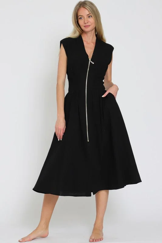 Gym wear dresses for athletic activitiesRamona Shoulder Pad Sleeve Zip Up Midi Dress Black