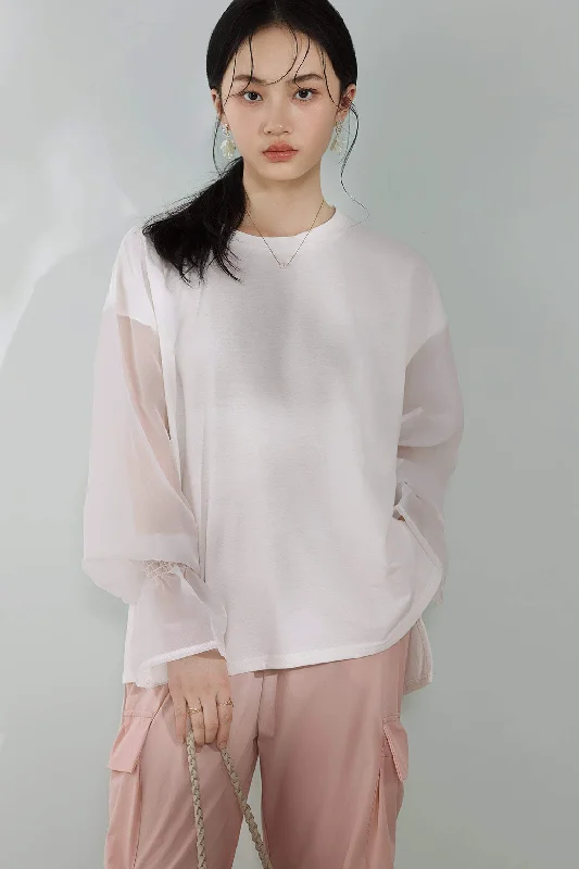 Olive green women's topsRound Neck Side Slit Sheer Sleeve T-Shirt
