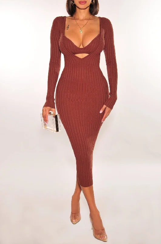 Women's casual dressesChocolate Ribbed Knit Plunge Neck Long Sleeve Midi Dress + Bralette