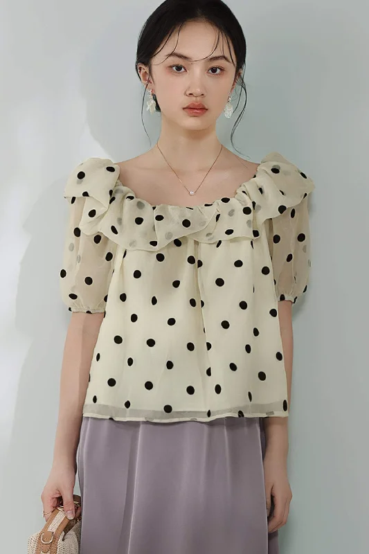 Thermal women's topsRound Neck Flare Decor Dot Pattern Puff Blouse with Lining