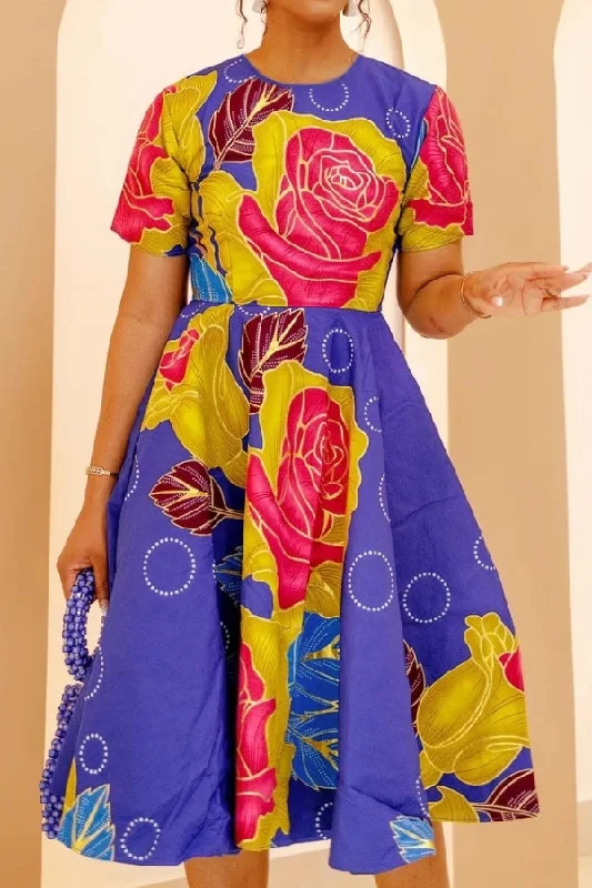 Plunging neckline dresses for womenFloral Print Round Neck Commuting A-Line Midi Dress