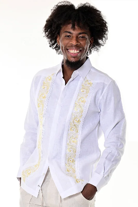 Chenille women's topsBohio 100% Linen Long Sleeve Cuban Style Shirt w/French Cuff & Fancy Embroidered Panels in (2) Colors - MLG1685