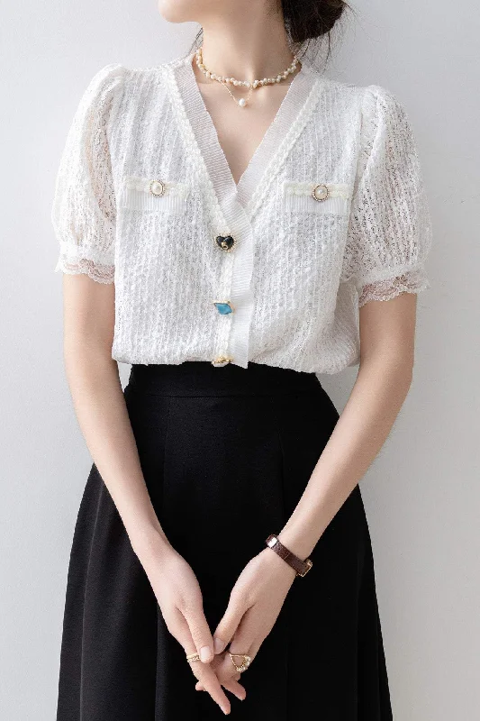 Handmade women's topsV-Neck Tape Decor Lace Gathered Blouse with Lining