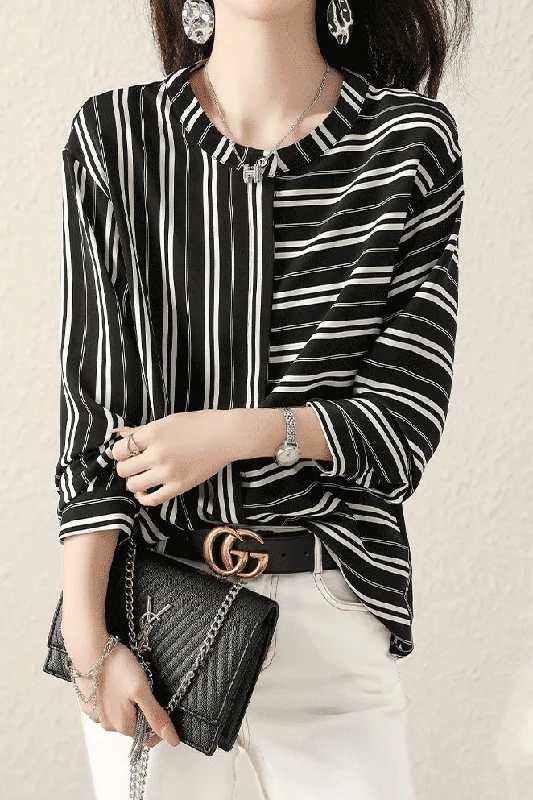 Evening women's topsBand Collar Asymmetrical Striped Shirt