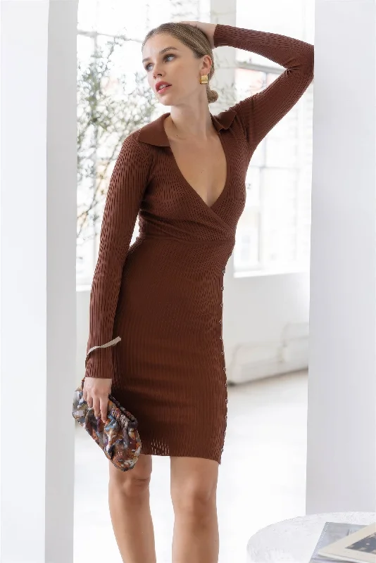 Bridesmaid dresses for womenKnit Ribbed Button Up Detail Collared Long Sleeve Midi Dress