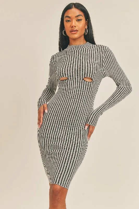 Chiffon dresses for womenLong Sleeve Stripe Print Midi Dress