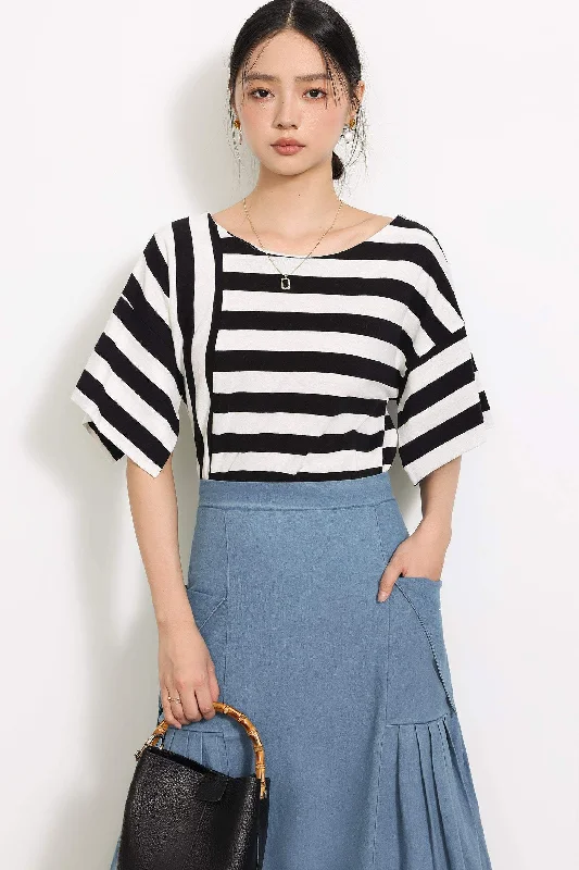 Travel women's topsBack Slit Striped Half Sleeve Tunic