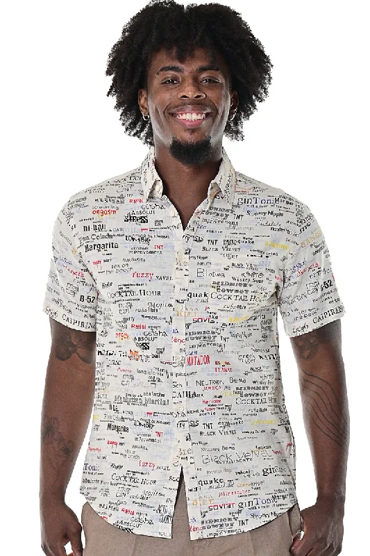 Local artisan women's topsBohio Men's Linen Short Sleeve Button-Down Shirt Cocktails & Drinks Print in Ivory-MLSP923