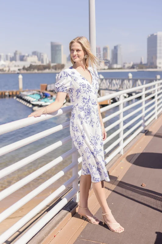 Evening women's dressesTatiana Short Puff Sleeves Floral Print Wrap Midi Dress White