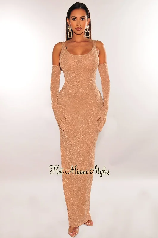 Plus-size dresses for womenNude Shimmery Sleeveless Scoop Back Midi Dress + Gloves