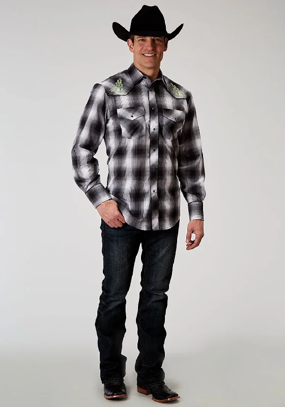 Roper Mens Cactus Plaid Black Cotton Blend L/S Shirt