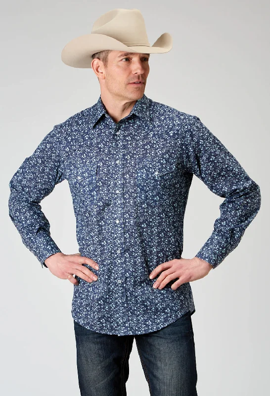 Roper Mens Ditsy Floral Tall Blue Cotton Blend L/S Shirt