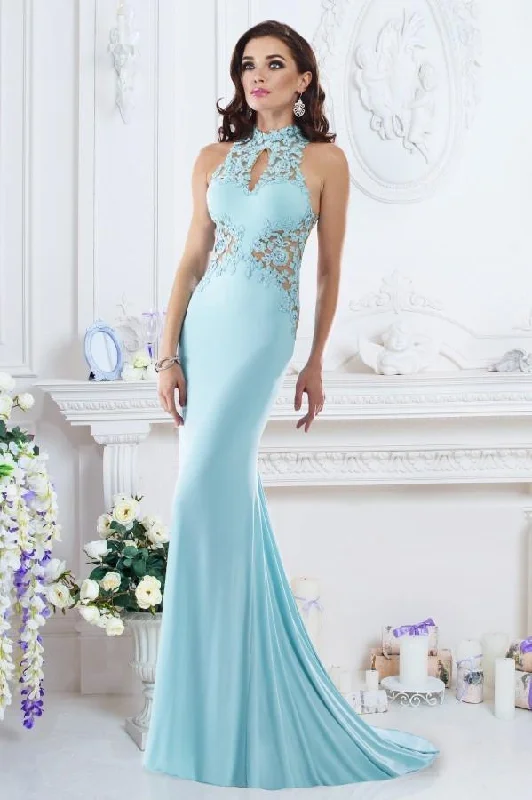 Lace dresses for womenJanique - W974SC Embroidered Halter Mermaid Gown In Aqua